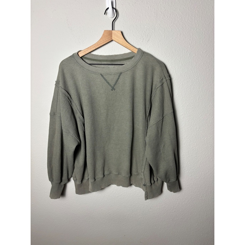 American Eagle Waffle Knit Oversized Crewneck Sweatshirt Olive Green Small